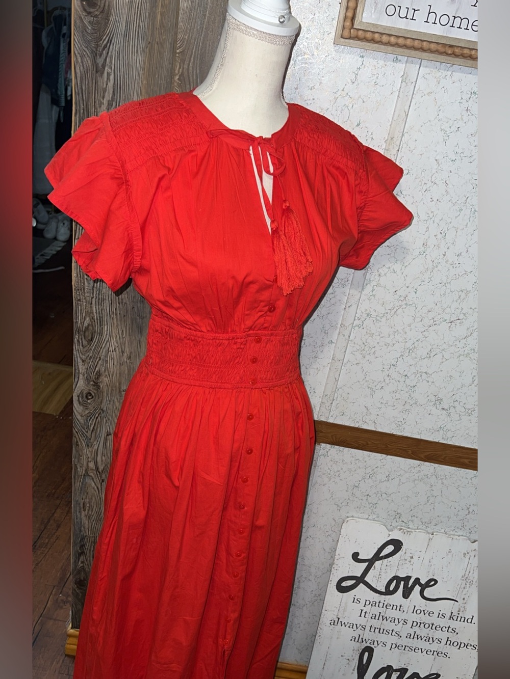 Anthropologie KINGS ROAD Red Maxi Dress Size L Boho Smocked Tassel